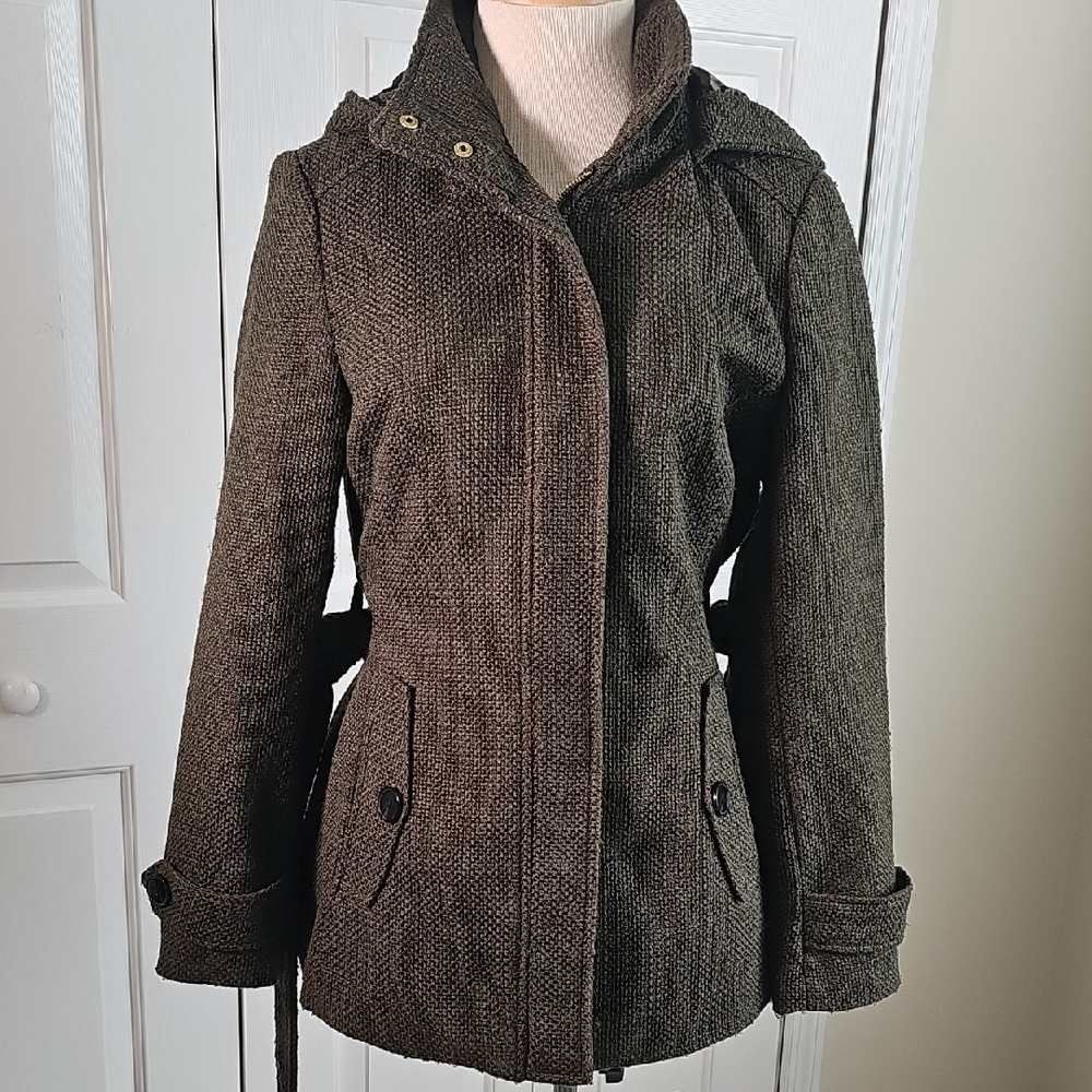 Women'stweed Olive Green Hooded Jacket. Size Meduim. pockets.